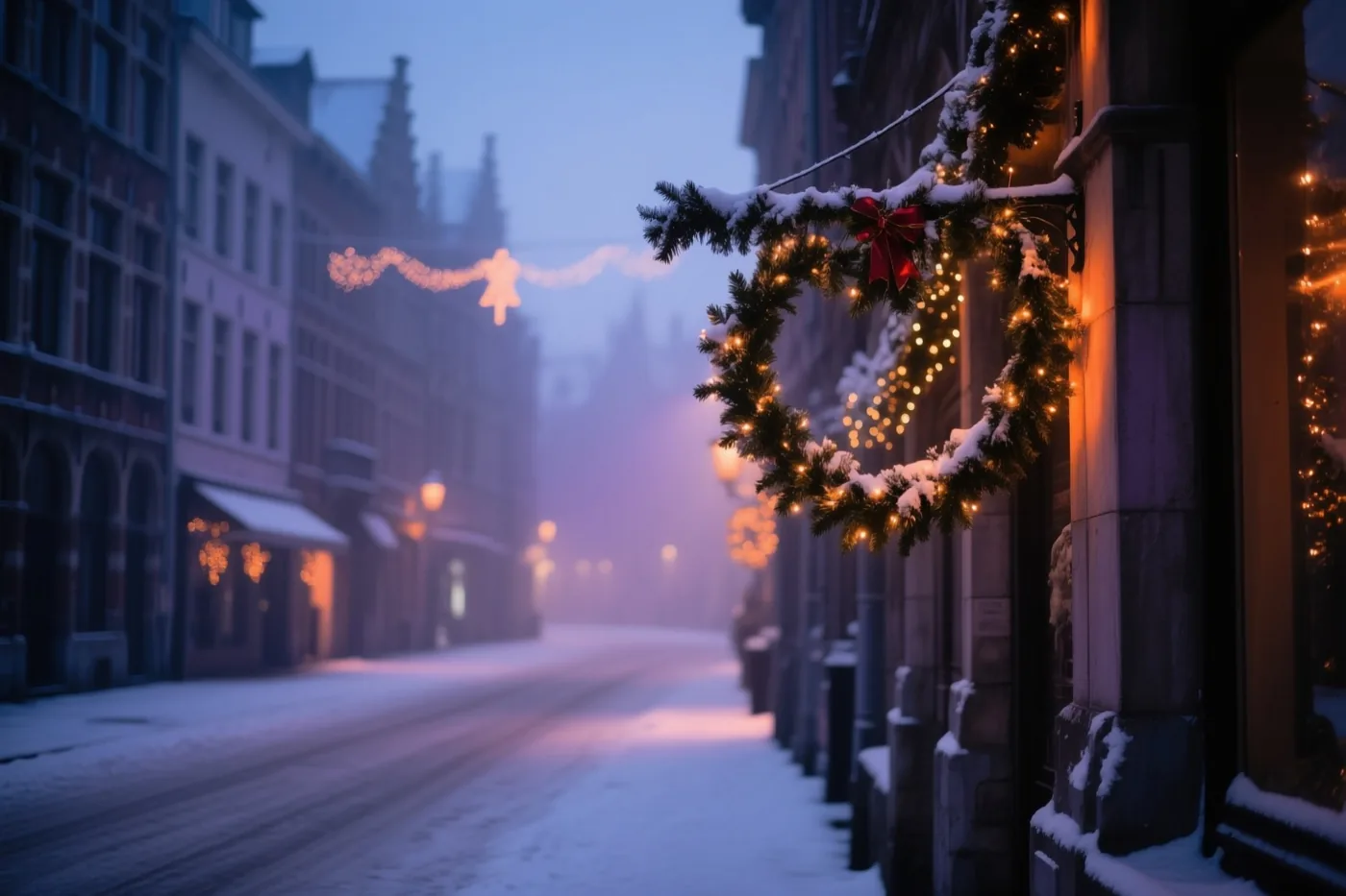 Een besneeuwde straat in Leuven ligt bij het ochtendgloren onder kerstslingers met lichtjes en sneeuw, in blauwe en warme oranje tinten.