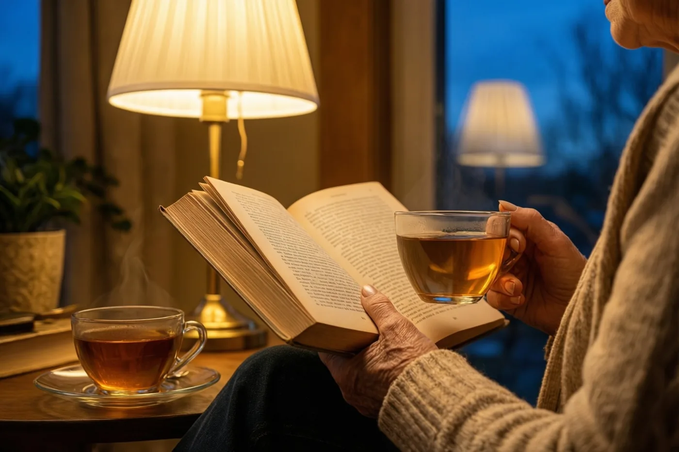Een oudere persoon zit met een open boek en een kop thee in een leeshoek onder een warme lamp, met buiten een donkerblauwe avondlucht.
