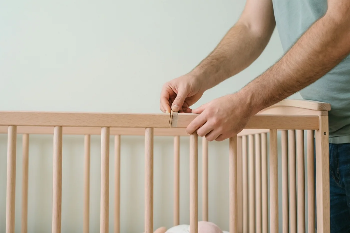 De handen van een man zetten een babybedje van licht hout in elkaar tegen een effen muur, bij zacht daglicht.