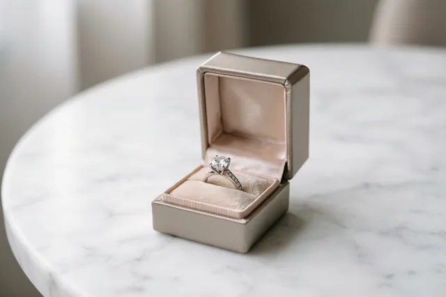 Een open lichtgekleurd ringdoosje met een ring met één diamant staat op een witte marmeren tafel in zacht licht, voor een onscherpe achtergrond.