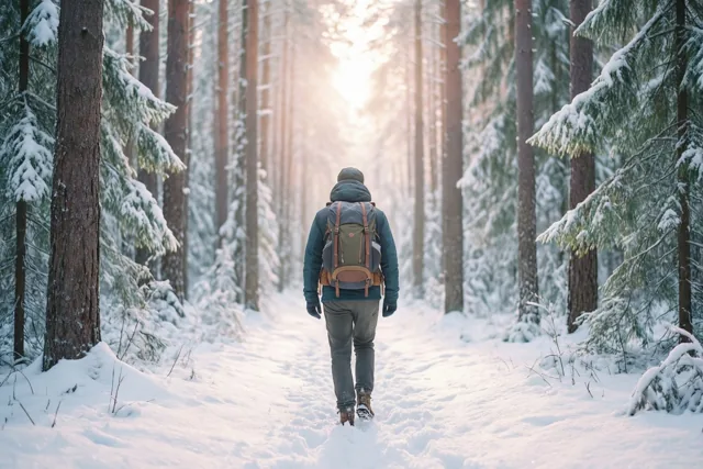 Een persoon met een rugzak en kleding in gedempte groene en bruine tinten loopt weg door een besneeuwd bos naar fel licht tussen donkere boomstammen.