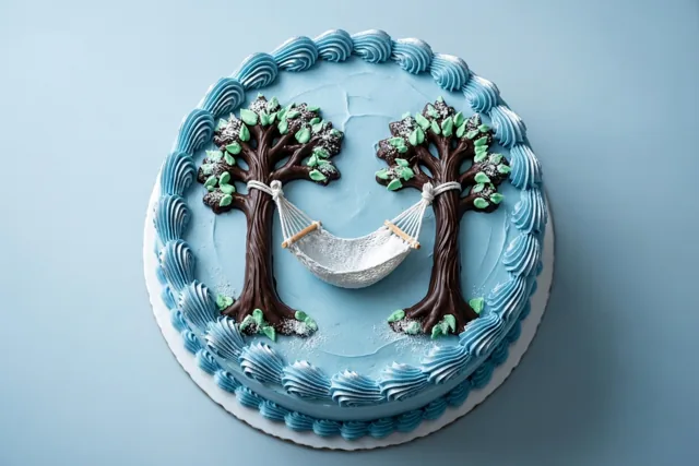 Een ronde taart met lichtblauw glazuur staat op een witte kartonnen onderlegger, met twee chocoladebomen en een witte suikerhangmat ertussen tegen een lichtblauwe achtergrond.