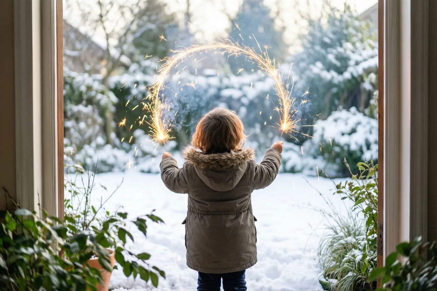 Door een raam met groene planten op de voorgrond is een kind in een winterjas van achteren te zien dat met sterretjes lichtbogen trekt in een besneeuwde tuin.