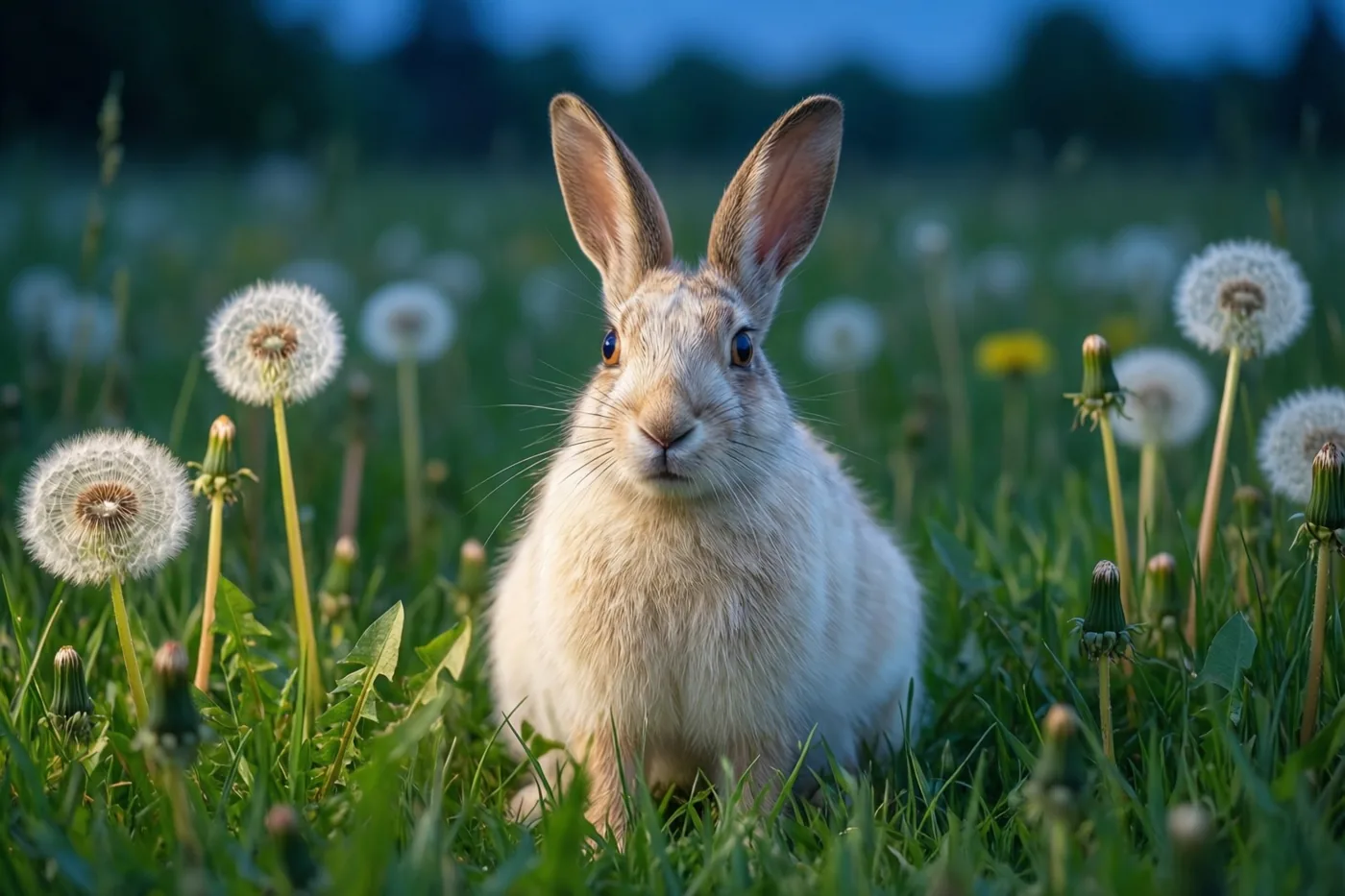 Een lichtbruine haas zit rechtop in frisgroen gras met witte paardenbloempluizen tegen een onscherpe achtergrond.