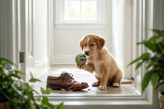 Een lichtbruine puppy zit in een lichte gang met witte muren en een houten vloer, met een kleurrijke bal in zijn poot en een aangeknaagde bruine leren schoen naast zich.