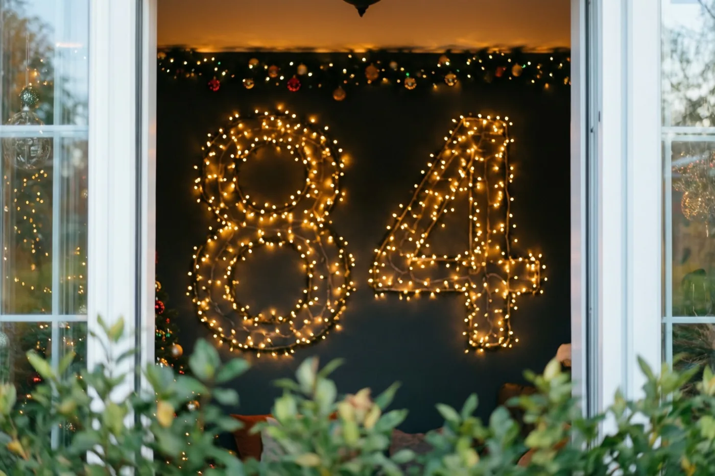 Door een raam is het getal 84 van warme lichtjes op een donkere muur te zien, met groen op de voorgrond.