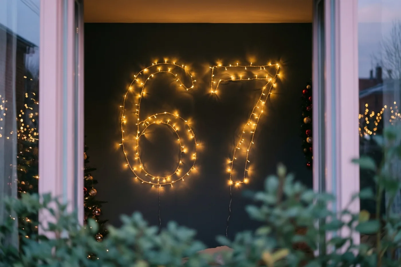 Door een raam is het getal 67 van warme lichtslingers op een donkere muur te zien, met onscherp groen op de voorgrond en onscherpe lichtjes op de achtergrond.