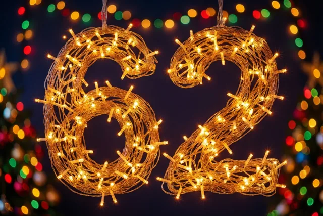Warme lichtjes vormen het getal 62 tegen een donkere achtergrond met onscherpe gekleurde lichtpunten.