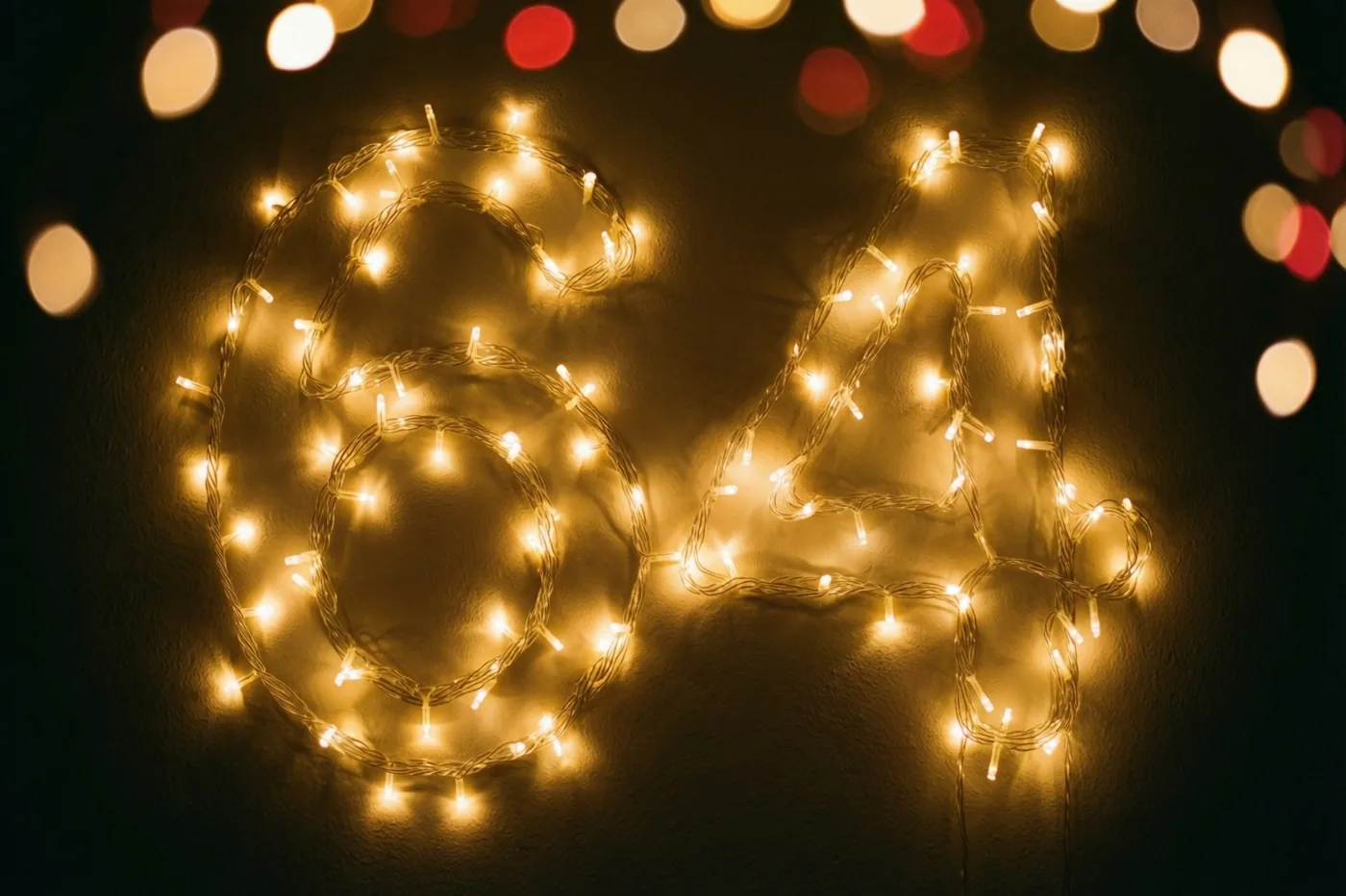 Warme lichtslingers vormen het getal 64 op een donkere muur, met kleurrijke onscherpe lichtjes op de achtergrond.