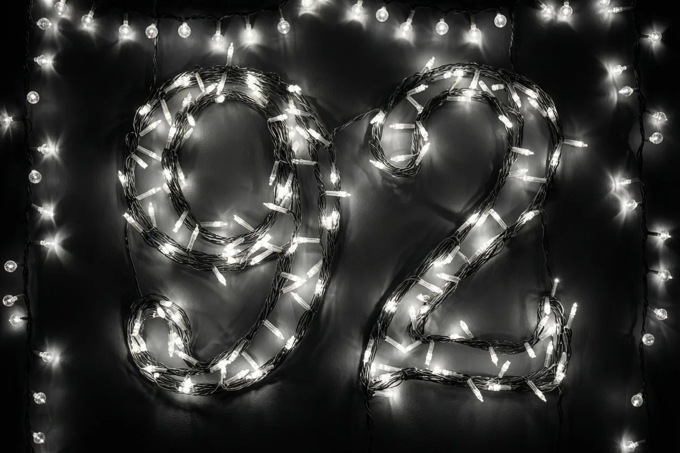 Lichtjes vormen 92 op een donkere muur, met warme onscherpe lichtvlekken rondom.
