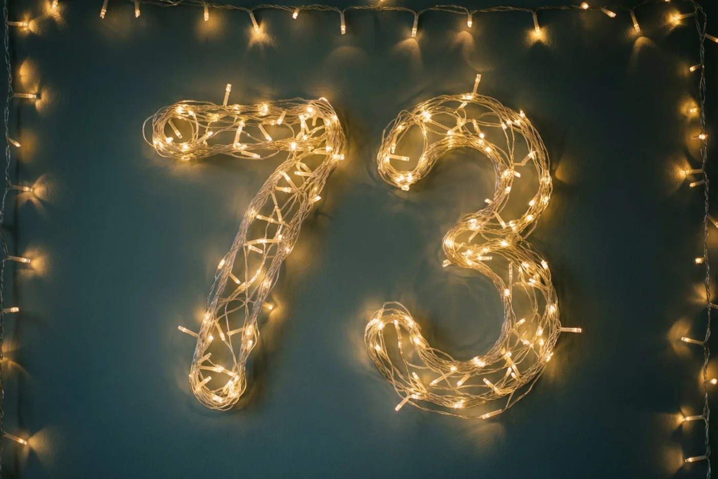 Warme lichtjes vormen 73 op een donkere muur, met onscherpe lichtpunten en extra lichtsnoeren langs de rand.