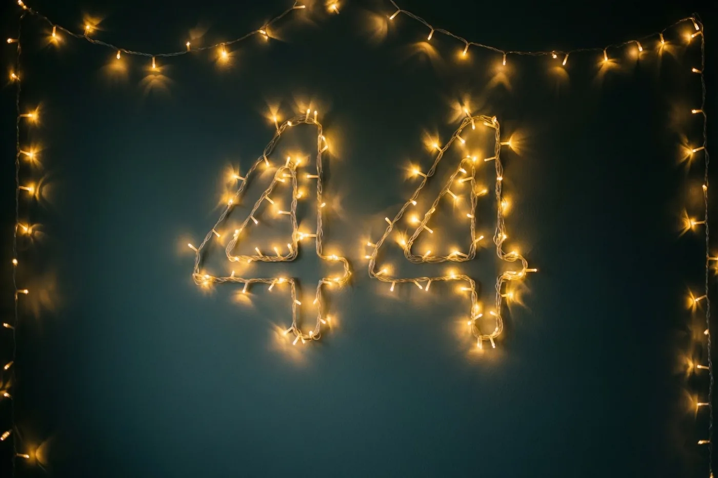 Warme lichtslingers vormen 44 tegen een donkere muur, omringd door extra lichtslingers en onscherpe lichtpuntjes.