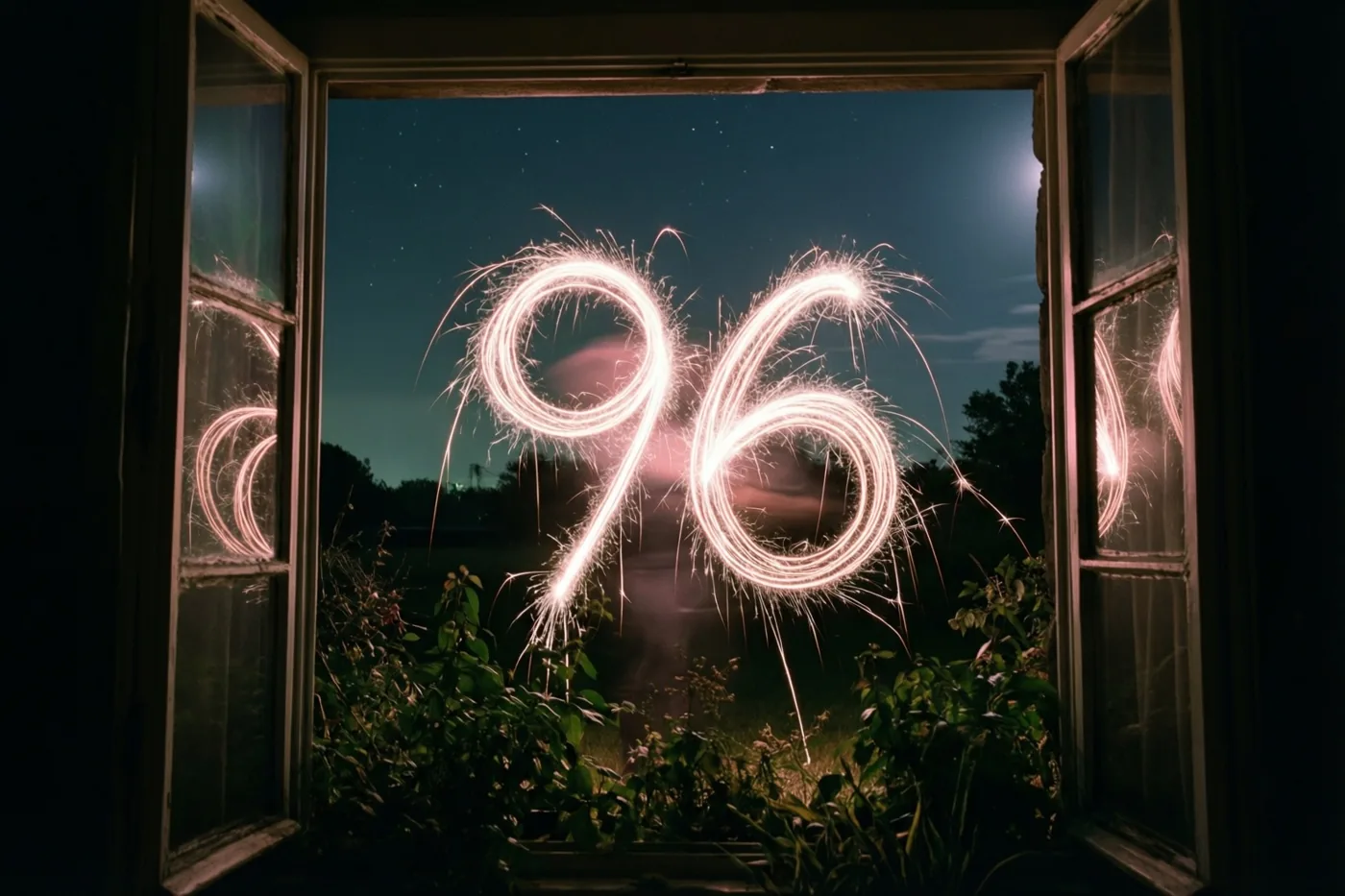 Door een open raam zijn gouden lichtsporen in de vorm van 96 te zien tegen een diepblauwe sterrenhemel, met donker gebladerte onderaan.