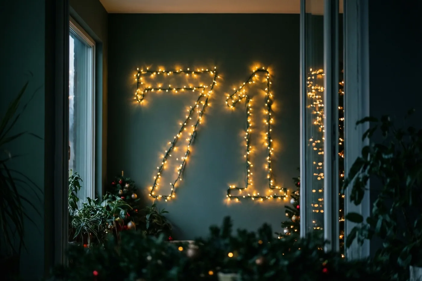 Warme lichtjes vormen 71 op een donkere blauwgroene muur, omringd door feestelijk groen en onscherpe lichtpunten.