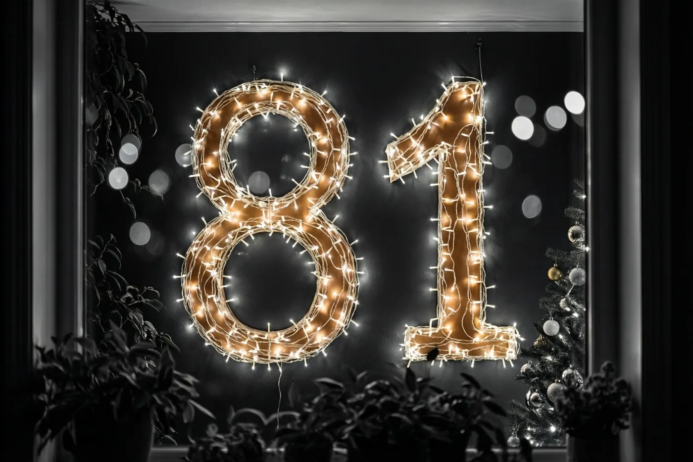 Het getal 81 van warme lichtslingers hangt tegen een donkere muur, omgeven door decoratieve planten en onscherpe feestlichtjes.