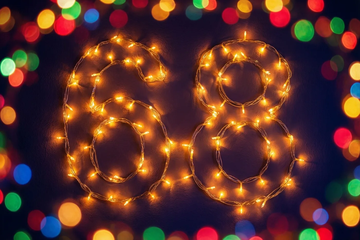 Warme lichtslingers vormen het getal 68 op een donkere muur met structuur, met kleurrijke onscherpe feestlichtjes op de achtergrond.