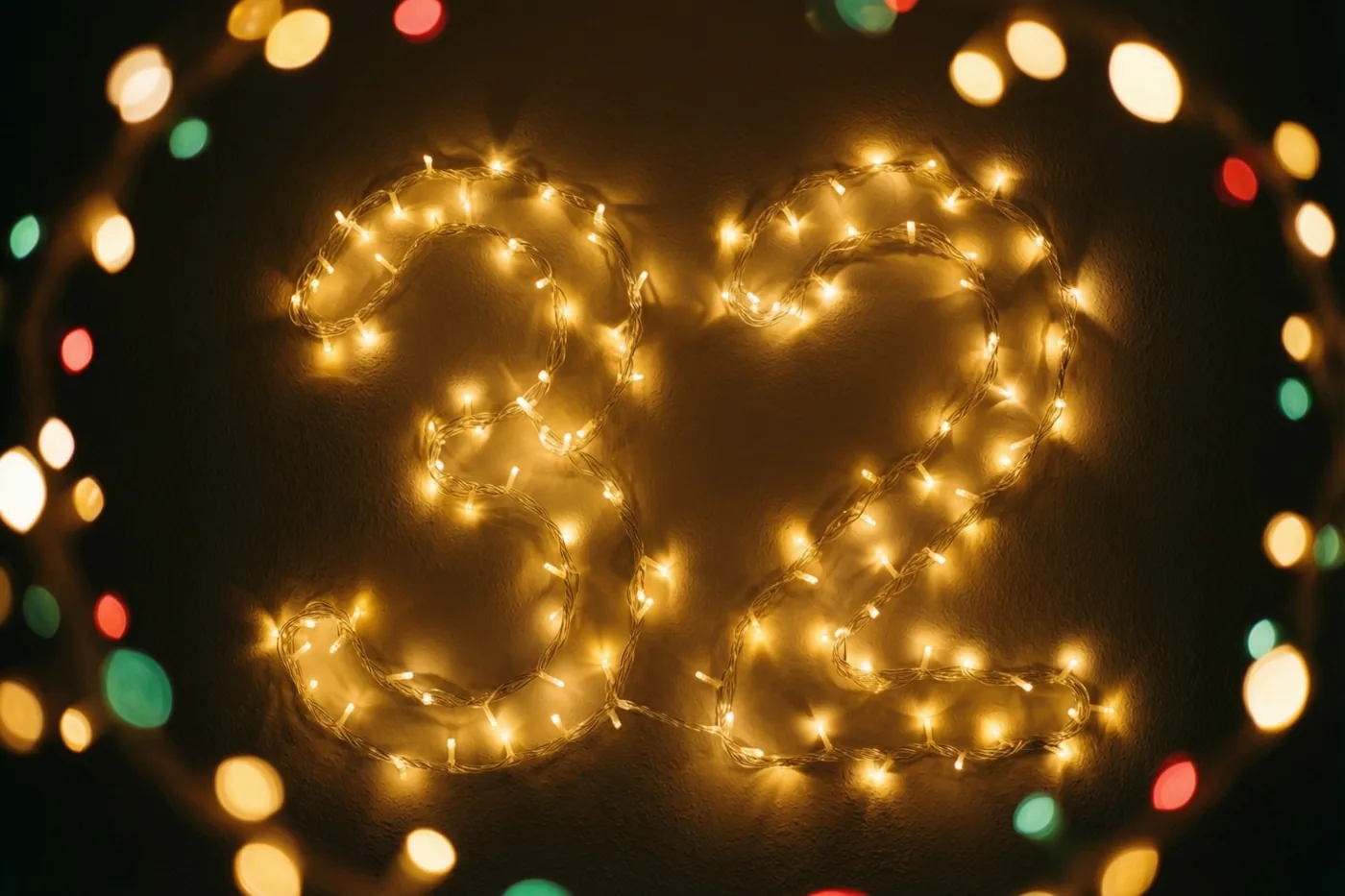 Warme lichtjes vormen 32 op een donkere muur, met onscherpe rode, groene en gele lichtvlekken eromheen.