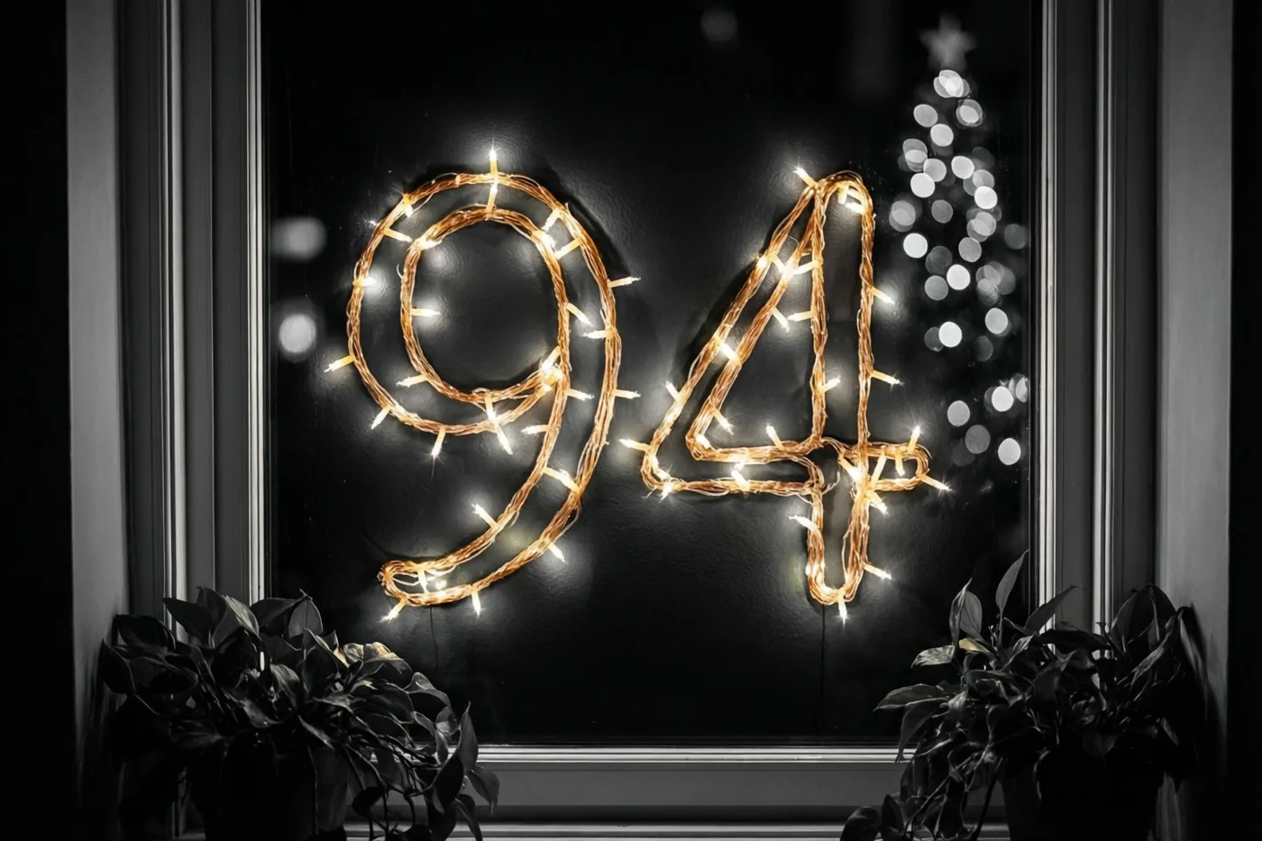 Warme lichtjes vormen 94 op een donkere muur, omlijst door een raamkozijn en geflankeerd door potplanten, met onscherpe lichtpunten op de achtergrond.