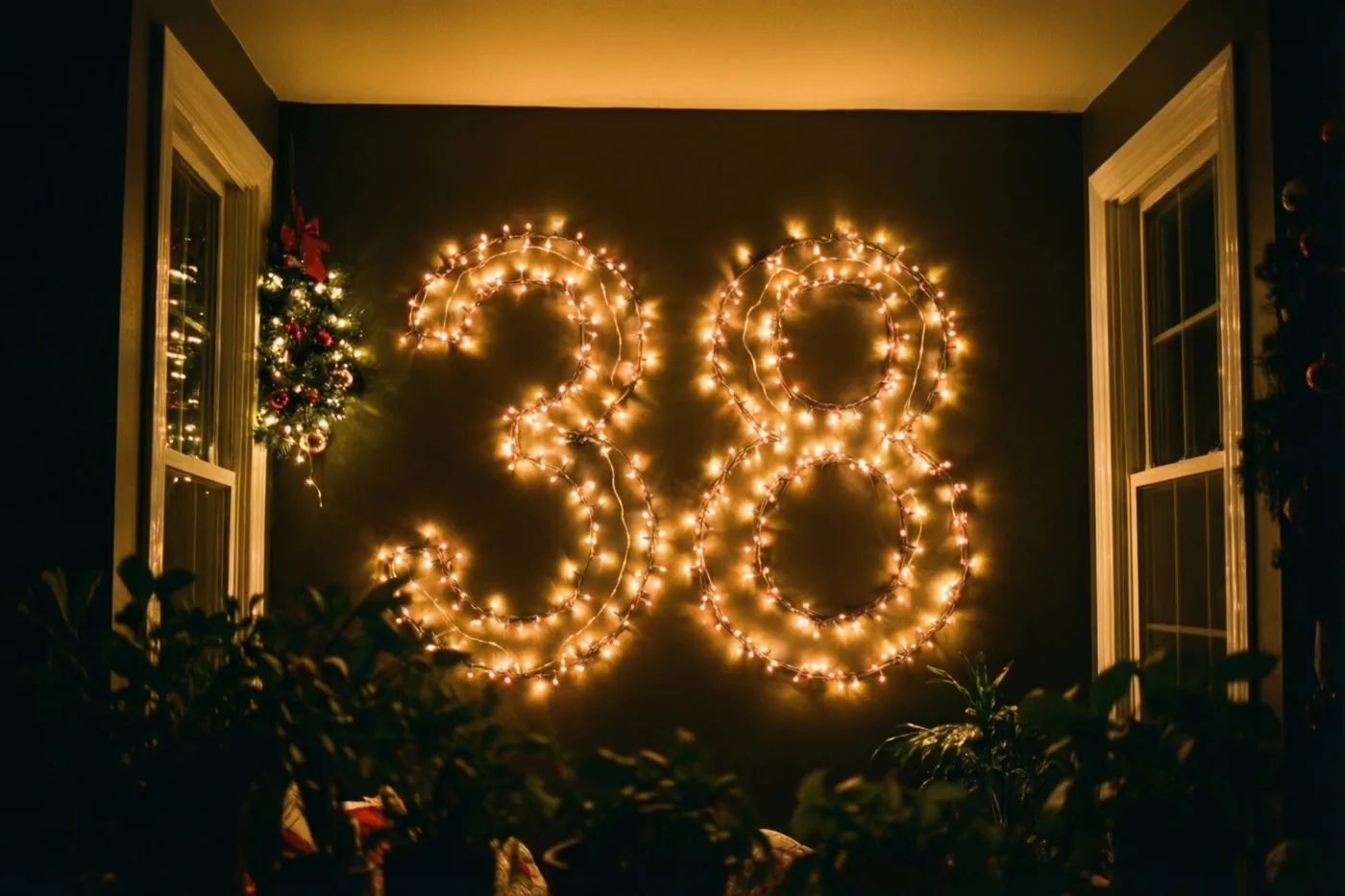 Warme lichtjes vormen 38 op een donkere muur tussen ramen en feestversiering, in goudkleurig licht.
