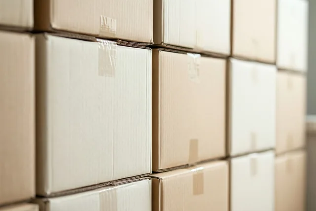 Een stapel kartonnen verhuisdozen vormt van voren gezien een regelmatig patroon in beige en gebroken wit.