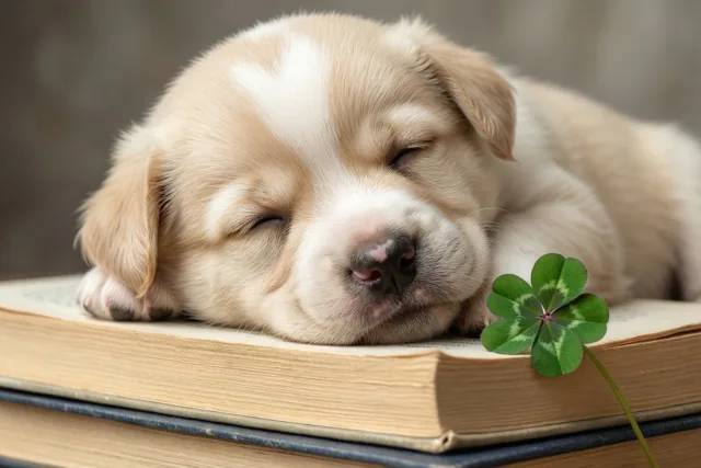 Een kleine lichtgekleurde puppy slaapt met zijn hoofd op een stapel oude boeken, met een groen klavertjevier naast hem op de boeken.