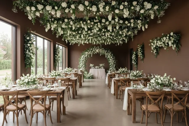 Een ruime zaal in bruine tinten is voor een huwelijk ingericht met houten tafels en stoelen, witte bloemstukken en hangende slingers, met daglicht door grote ramen.