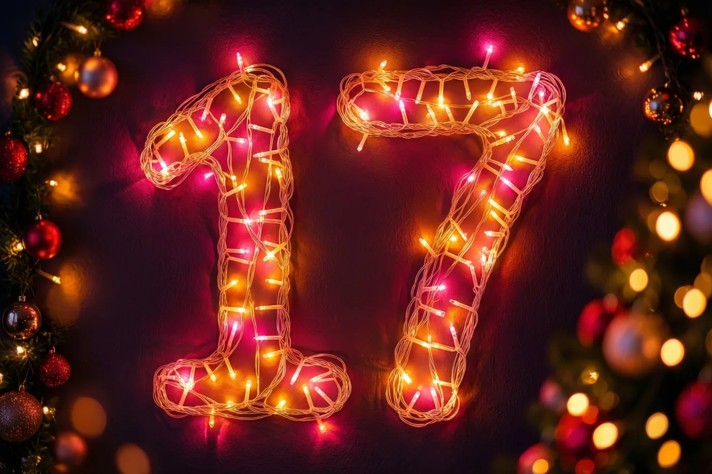 Het getal 17 van warme lichtjes staat tegen een donkere muur, omringd door onscherpe kerstversieringen en lichtjes in rode en gouden tinten.