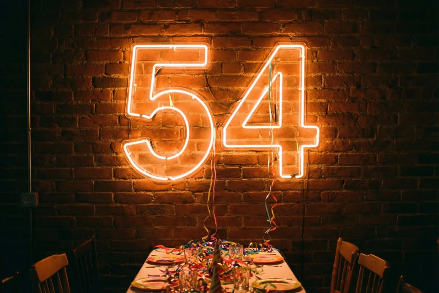 Het getal 54 gloeit in oranje neonlicht aan een bakstenen muur boven een feestelijk gedekte tafel.