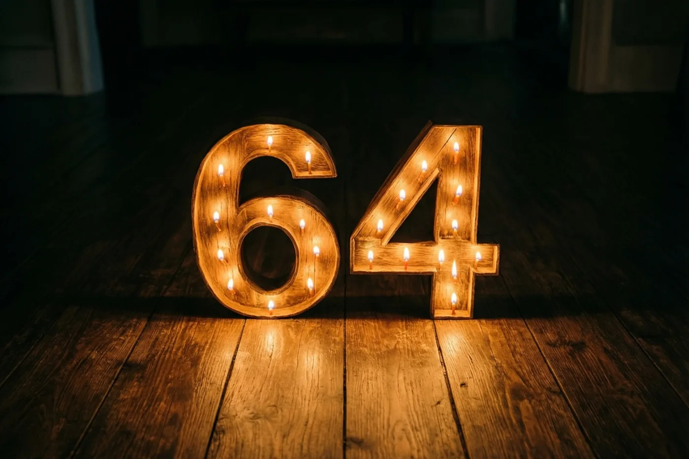 Brandende theelichtjes vormen het getal 64 op een donkere houten vloer tegen een donkere achtergrond.