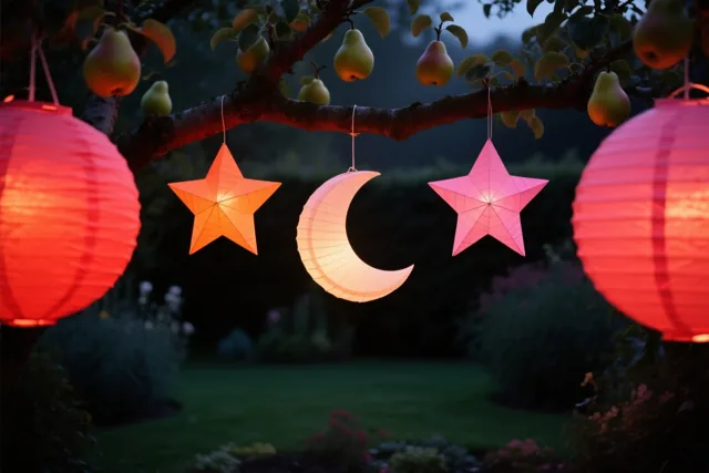 Papieren lantaarns in de vorm van sterren en manen hangen bij schemering aan een perenboom, met warm licht in rode, oranje en roze tinten.