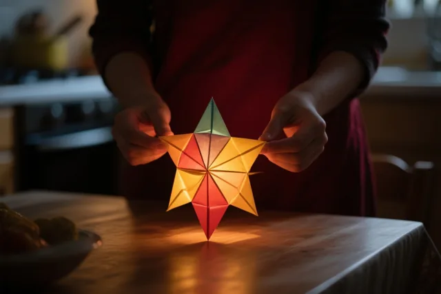 Een persoon houdt een van binnenuit verlichte papieren sterlantaarn boven een houten keukentafel, in warme rode, gele en groene tinten.
