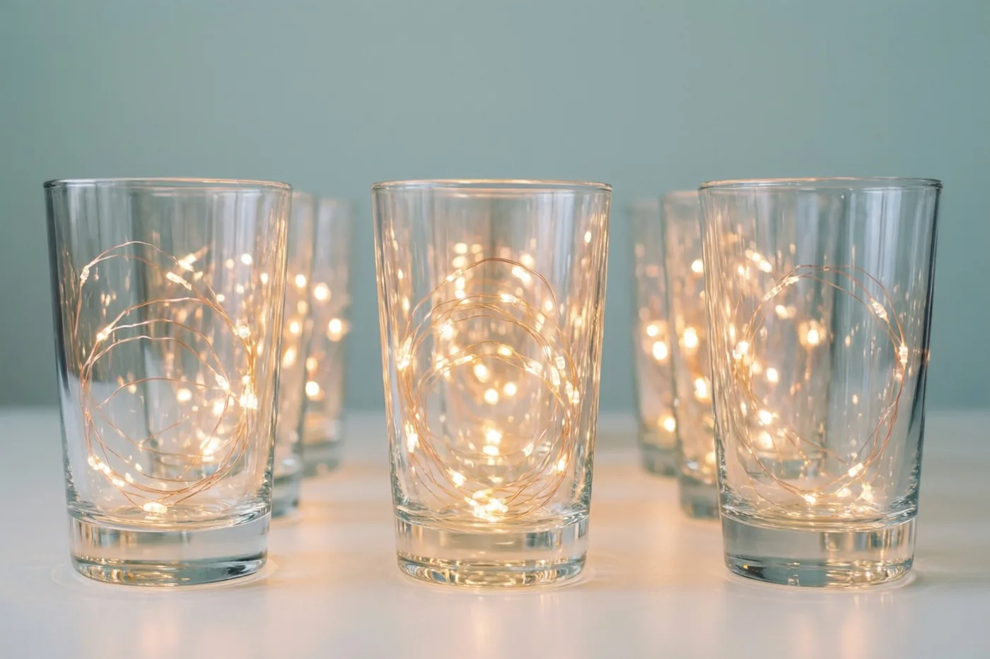 Een rij heldere drinkglazen met gloeiende lichtsnoertjes staat op een wit oppervlak voor een gedempte blauwgroene muur.