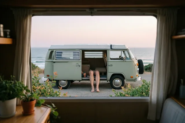 Een lichtgroene retrocamper staat op een grindpad naar de zee, met blote voeten van een volwassene en een kind uit de open zijdeur, gezien vanuit een ander voertuig tussen gordijnen en potplanten onder een pastelkleurige avondlucht.