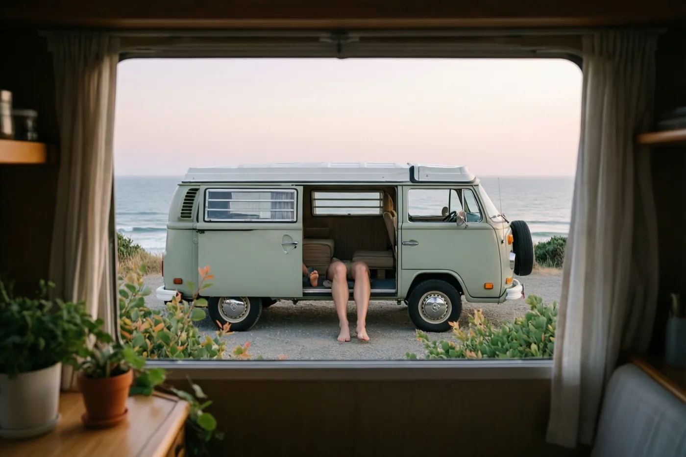 Een lichtgroene retrocamper staat op een grindpad naar de zee, met blote voeten van een volwassene en een kind uit de open zijdeur, gezien vanuit een ander voertuig tussen gordijnen en potplanten onder een pastelkleurige avondlucht.