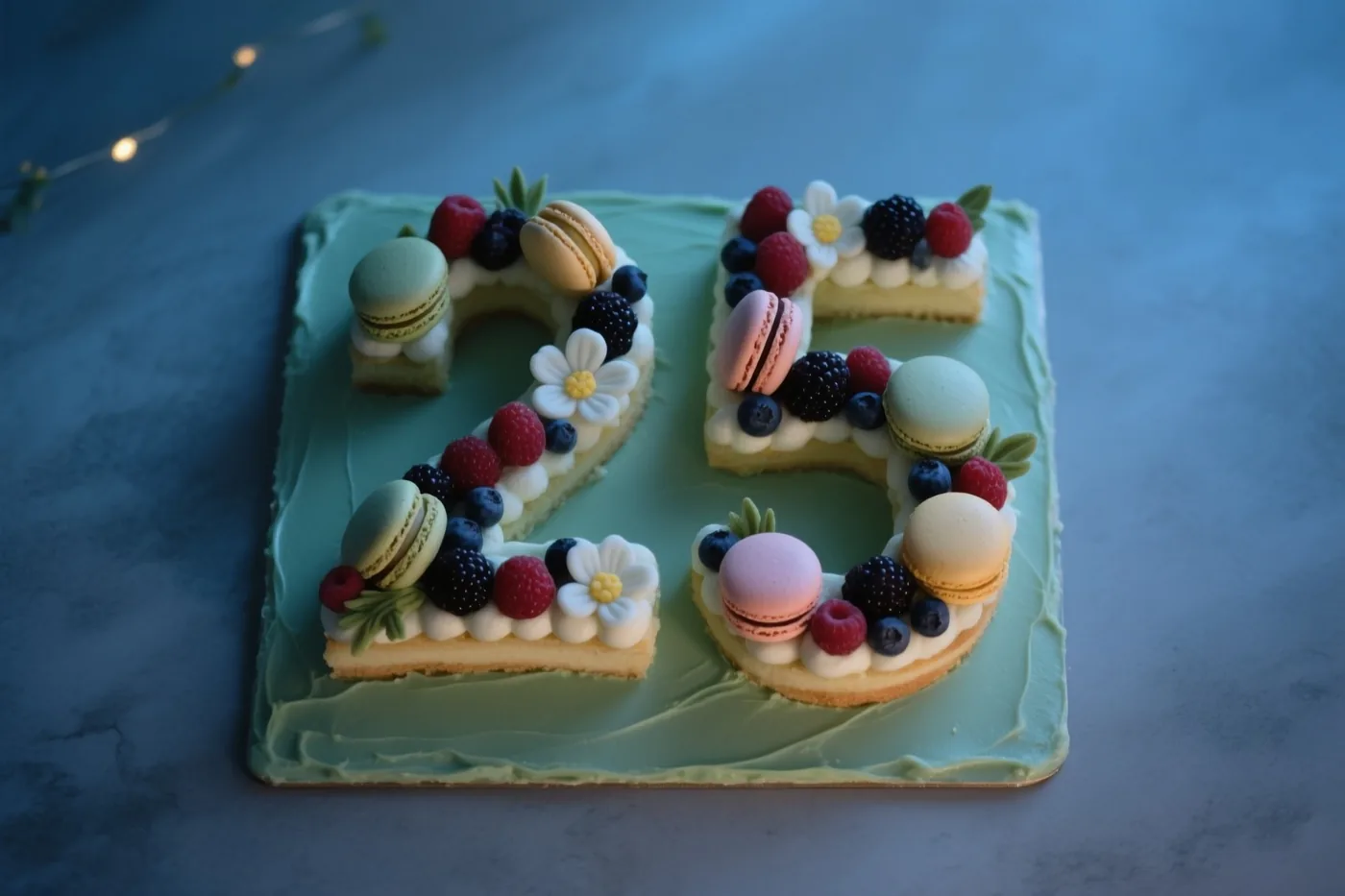 Een cijfertaart in de vorm van 25 met lichtgroen glazuur, bessen, macarons en eetbare bloemen staat tegen een blauwe achtergrond met linksboven zachte lichtslingers.