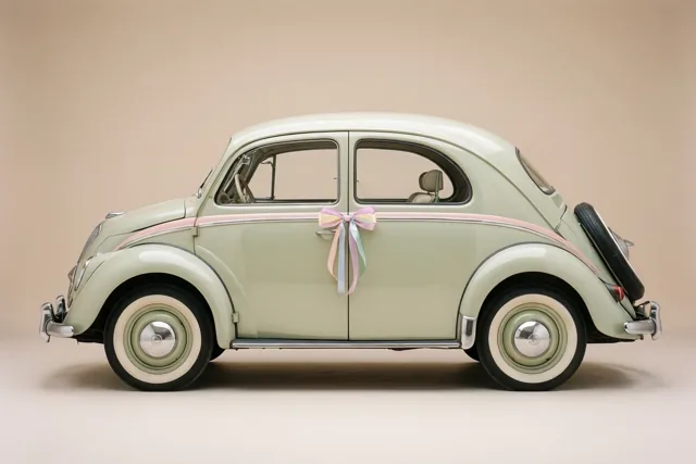 Een lichtgroene Volkswagen Kever uit de jaren vijftig staat in zijaanzicht tegen een effen beige achtergrond, met een pastelkleurige strik aan de deur en banden met witte zijwanden.