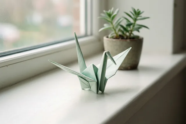 Een lichtgroene origamikraanvogel staat naast een kleine potplant op een witte vensterbank in zacht daglicht.