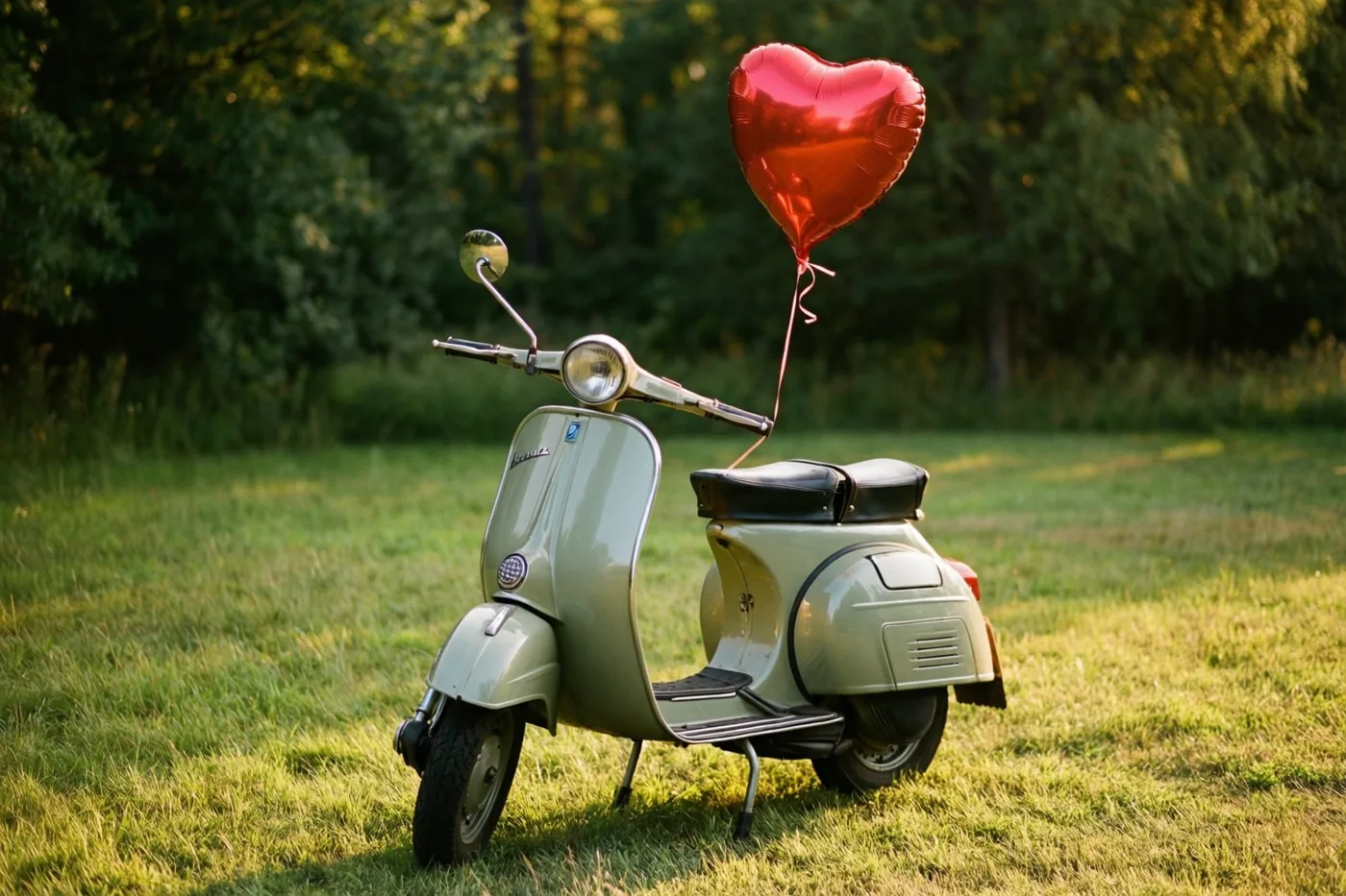 Een lichtgroene retroscooter staat op een grasveld in de zon, met een rode hartjesballon aan het stuur en bomen op de achtergrond.