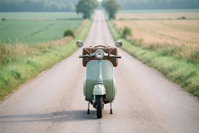Een lichtgroene retroscooter met een bruine koffer aan het stuur staat op een rechte landweg tussen groene en gouden velden onder een zacht nevelige lucht.