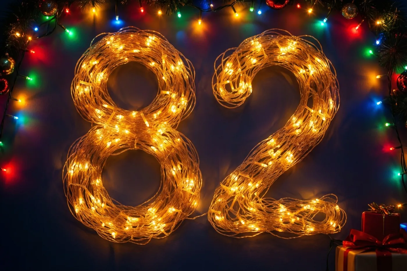Warme lichtjes vormen het getal 82 tegen een donkere muur, omringd door onscherpe lichtjes en feestversiering in goud, rood en groen.