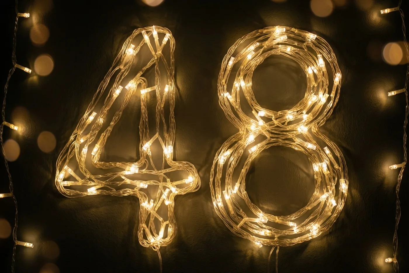 Warme lichtjes vormen het getal 48 tegen een donkere muur, met onscherpe lichtjes op de achtergrond.