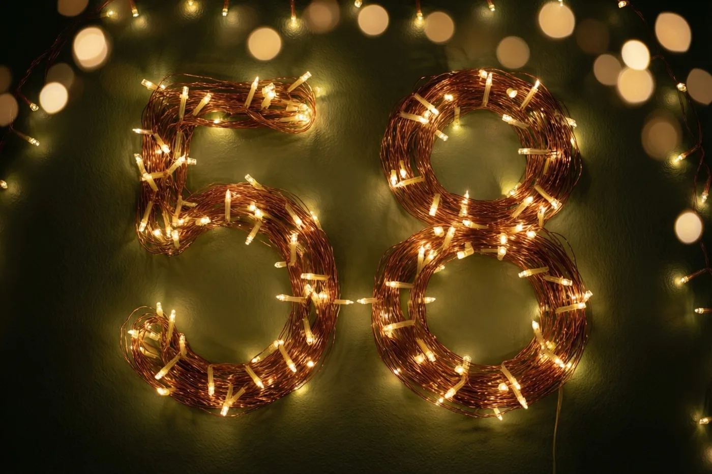 Warme lichtjes vormen het getal 58 op een donkere muur, met onscherpe lichtjes op de achtergrond.
