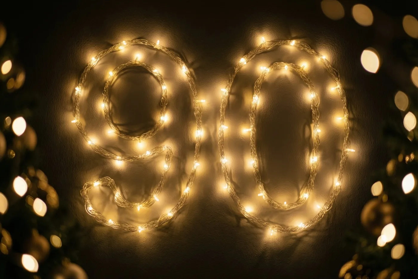 Warme lichtjes vormen het getal 90 tegen een donkere muur, met onscherpe feestlichtjes op de achtergrond.