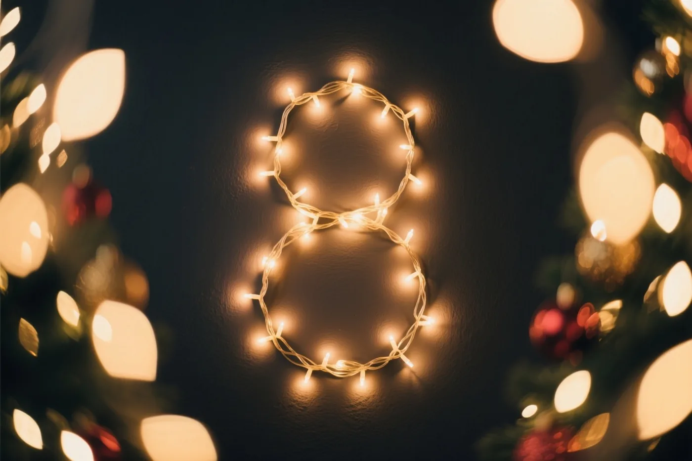 Een 8 van warme lichtjes hangt tegen een donkere muur, omringd door onscherpe kerstlichtjes en versieringen in gouden en rode tinten.