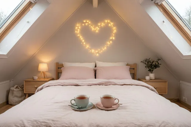 Twee kopjes thee staan op een bed onder een hartvormig lichtsnoer aan de schuine wand van een zolderkamer in roze, beige en houttinten.