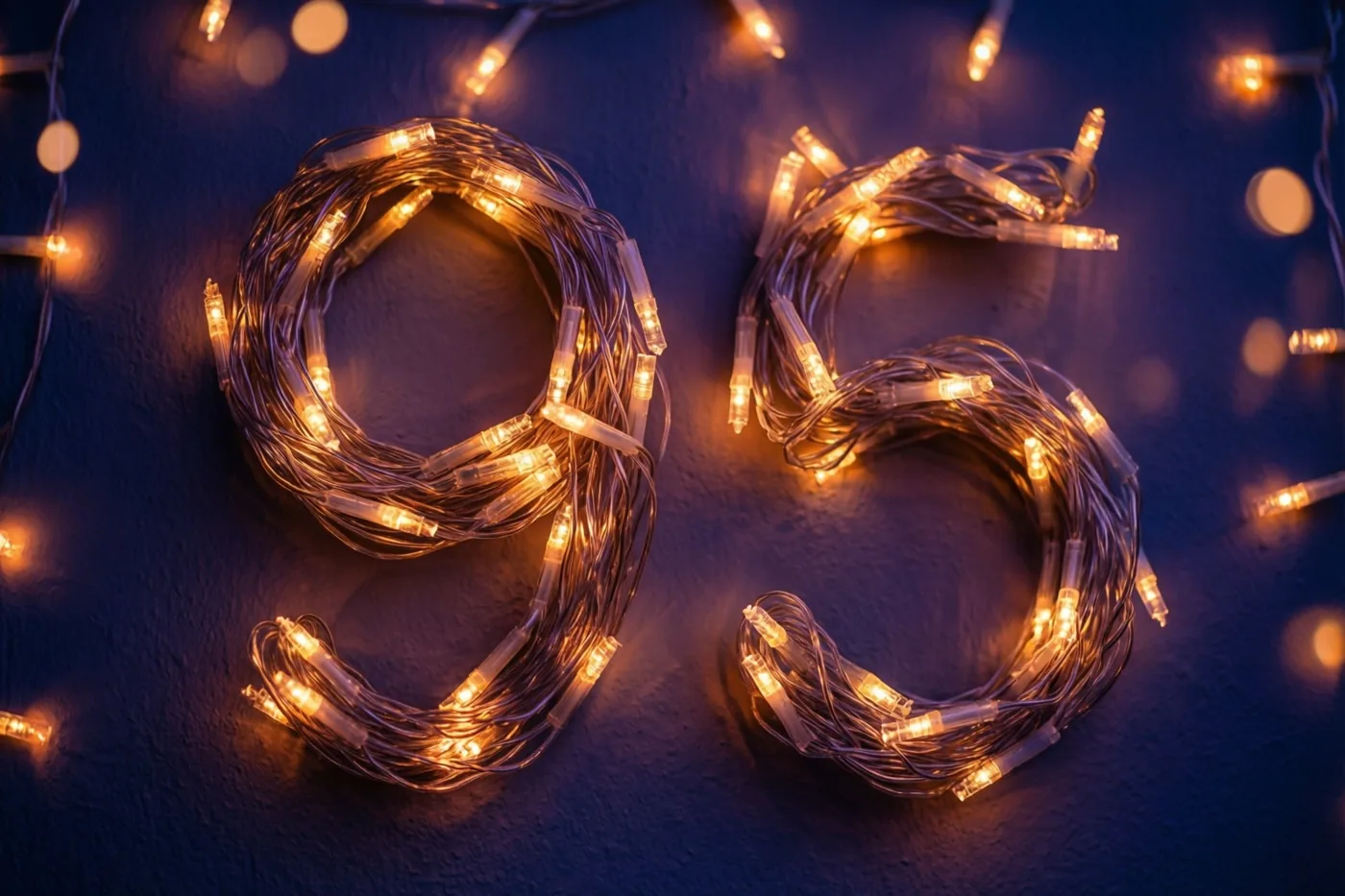 Gloeiende warme lichtjes vormen 95 op een donkere muur met structuur, met wazige lichtvlekken op de achtergrond.
