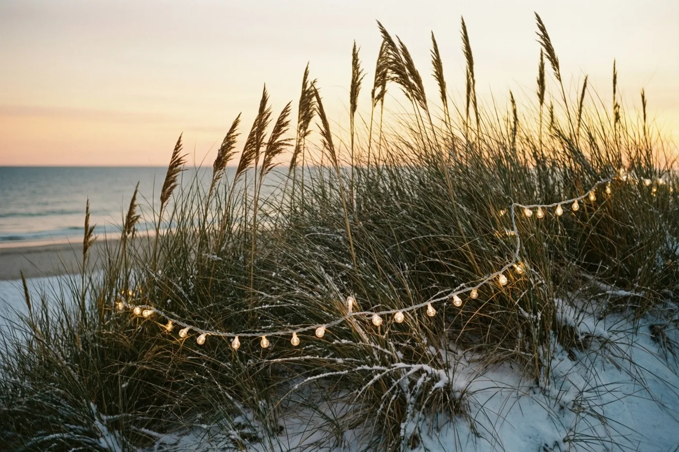 Besneeuwde duinen met helmgras en gloeiende lichtslingers liggen bij schemering voor de zee, in warme gouden en zachte blauwe tinten.