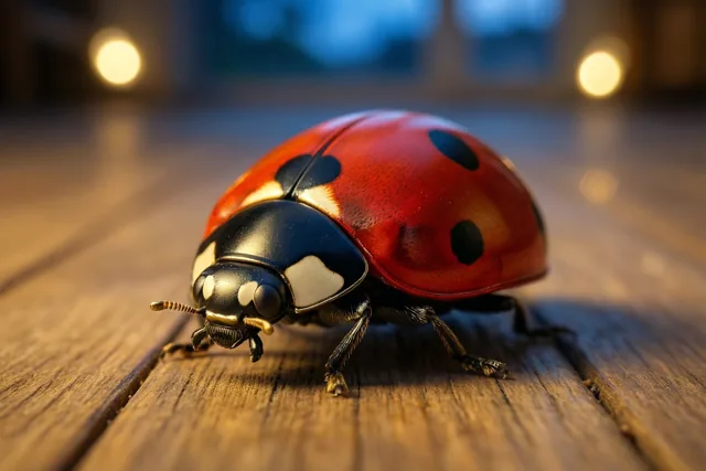 Een glanzend rood lieveheersbeestje met zwarte stippen kruipt over een houten vloer, met warme onscherpe lichtjes op de achtergrond.