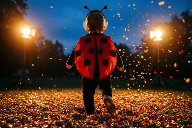 Een peuter in een rood lieveheersbeestjespak loopt bij schemering van de camera weg tussen kleurrijke confetti, onder een blauwe hemel en warme lampen.