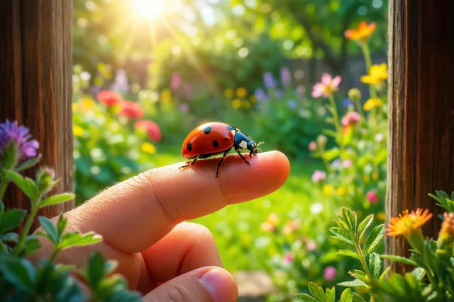 Een rood lieveheersbeestje met zwarte stippen kruipt op de vingertop van een klein kind, met kleurrijke bloemen en groen in een zonnige tuin op de achtergrond.